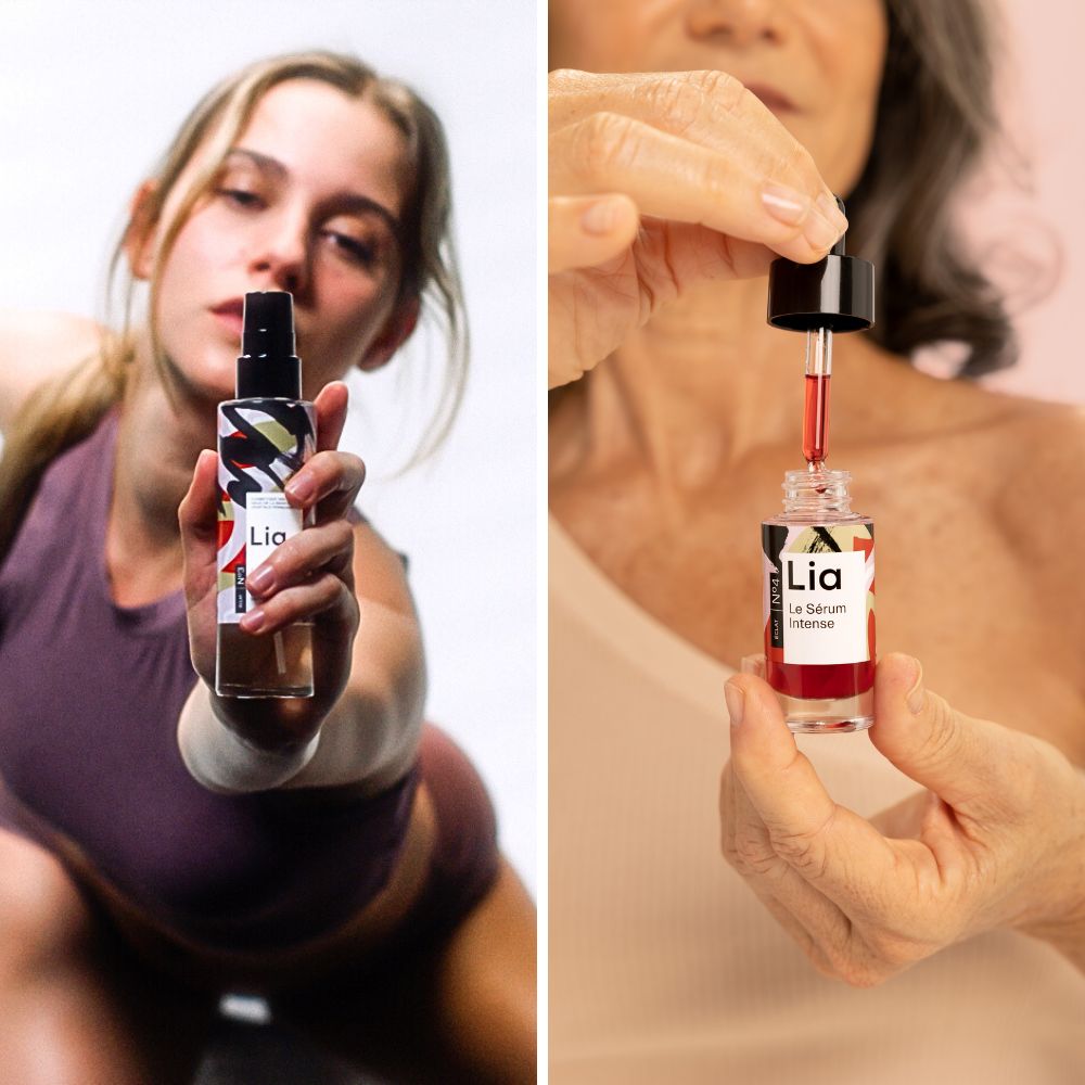 Double photo : une femme qui montre la brume active éclat et une autre femme ui ouvre le serum intense éclat
