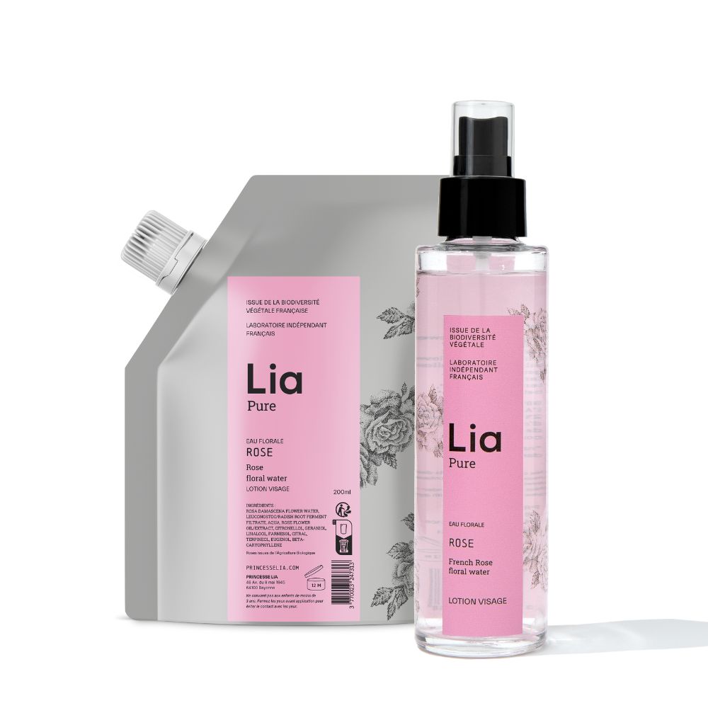 photo flacon et recharge eau florale de rose bio Lia Cosmétiques