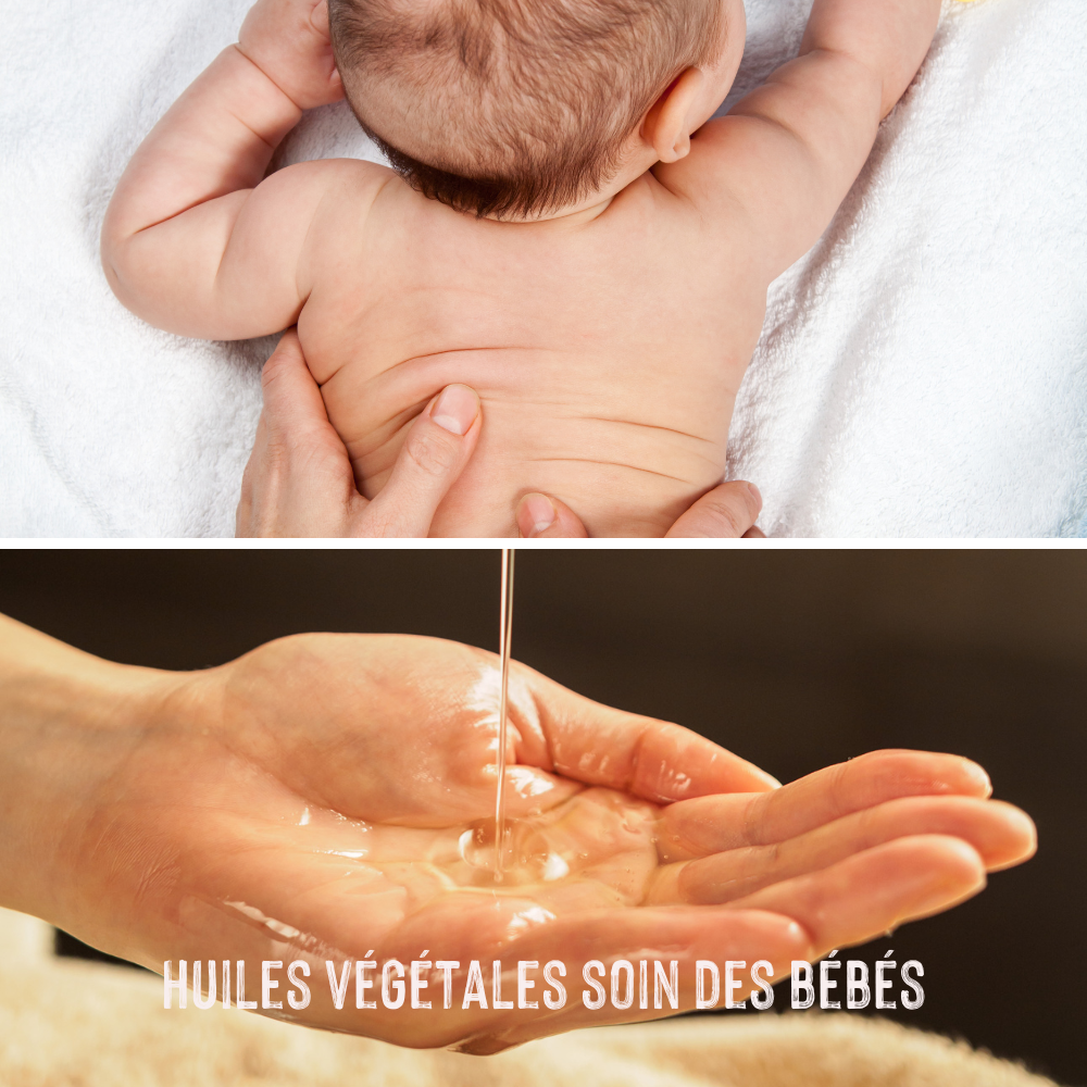 bébé qui se fait masser avec des huiles végétales 