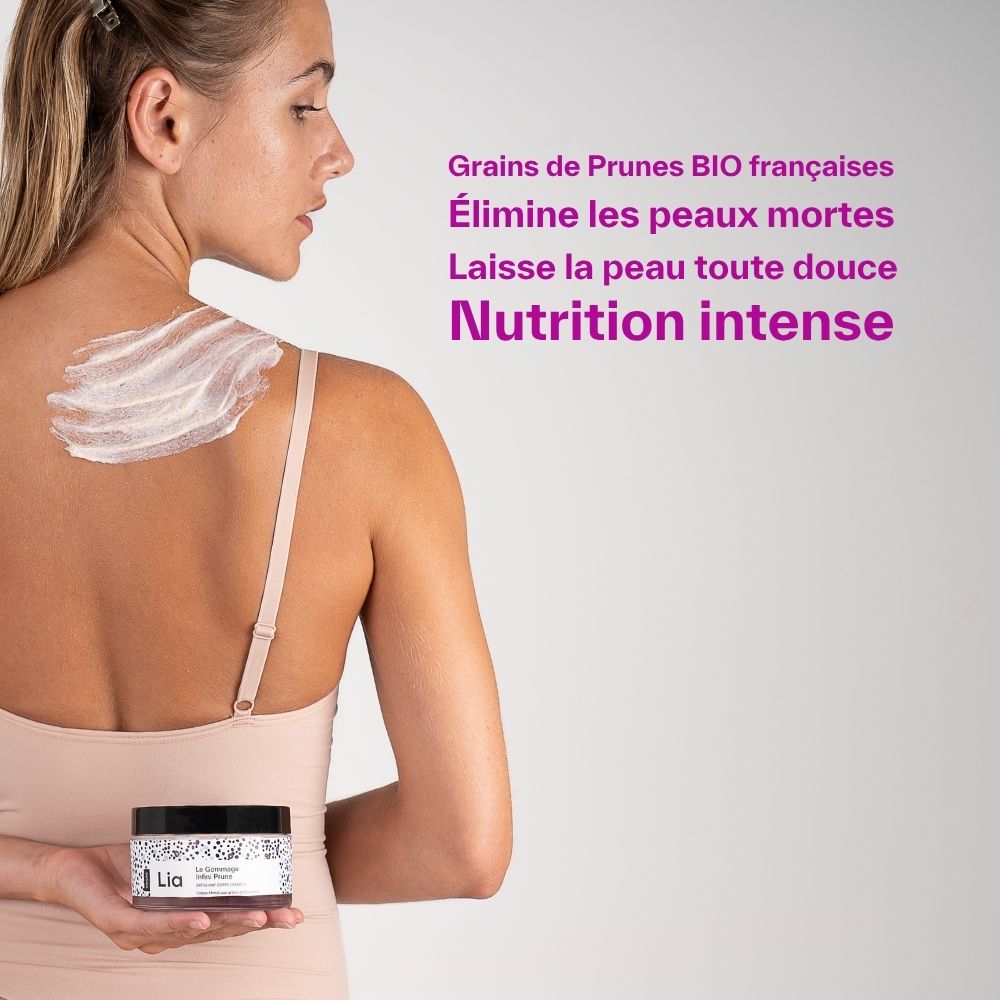 bienfait du gommage corps texture crème et grains de prune bio
