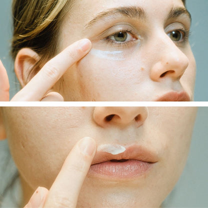 Femme qui applique soin crème sur le contour yeux et lèvres