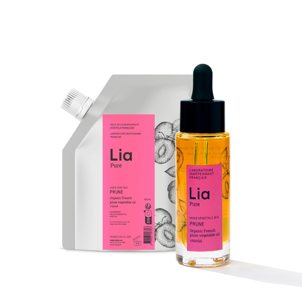 photo flacon 30ml huile de prune bio Laboratoire LIA et sa rechrage 100ml