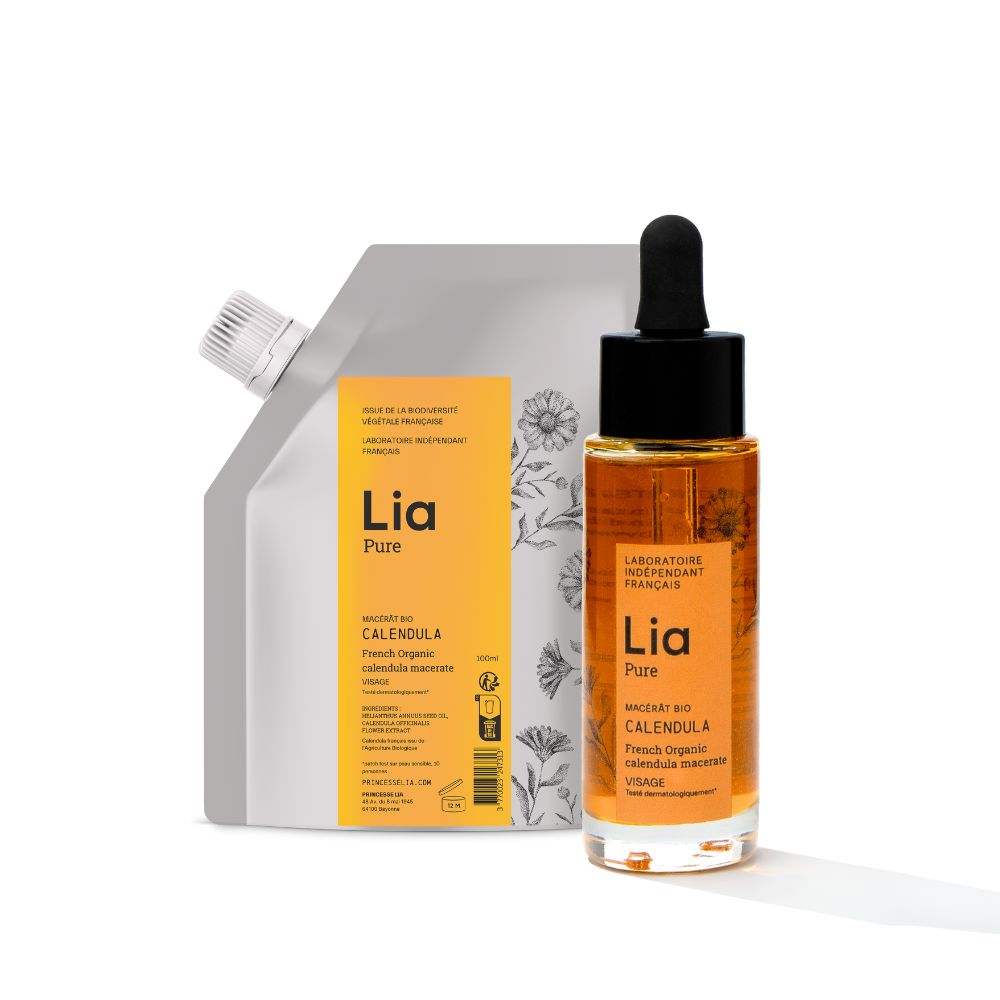 photo flacon verre pipette + recharge 100ml huile de calendula bio français 30ml